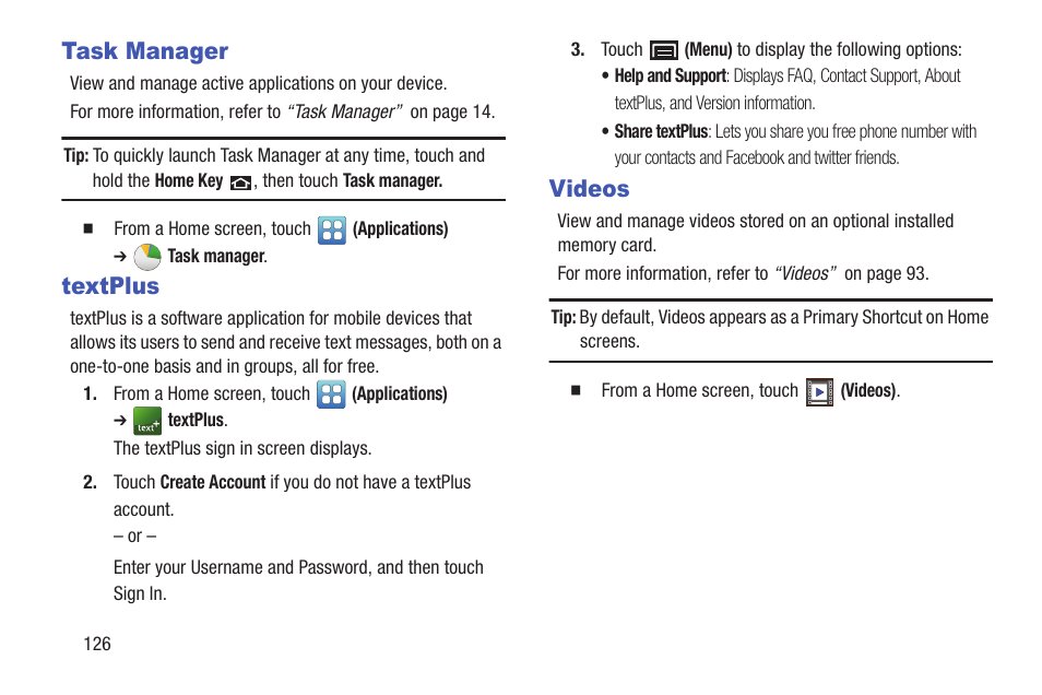 Task manager, Textplus, Videos | Task manager textplus videos, For more information, refer to | Samsung YP-GS1CB-XAA User Manual | Page 130 / 211