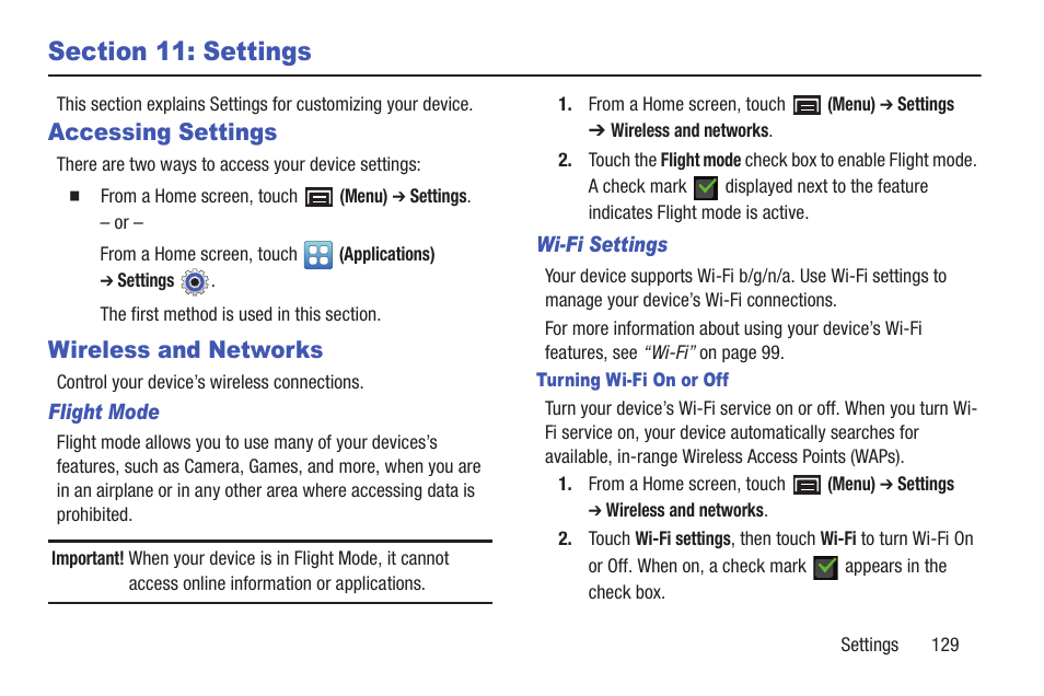 Section 11: settings, Accessing settings, Wireless and networks | Accessing settings wireless and networks | Samsung YP-GS1CB-XAA User Manual | Page 133 / 211
