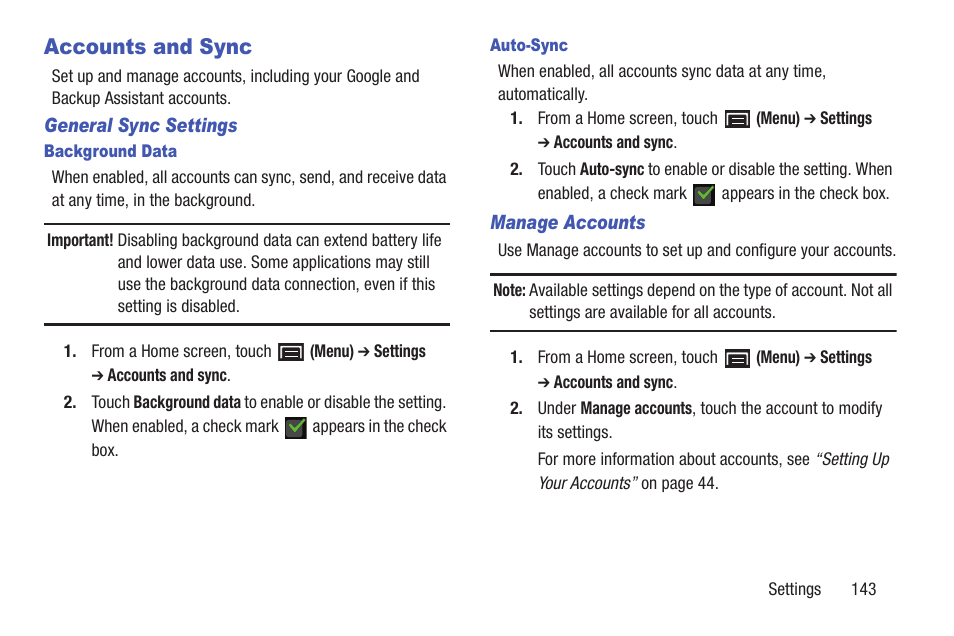 Accounts and sync | Samsung YP-GS1CB-XAA User Manual | Page 147 / 211