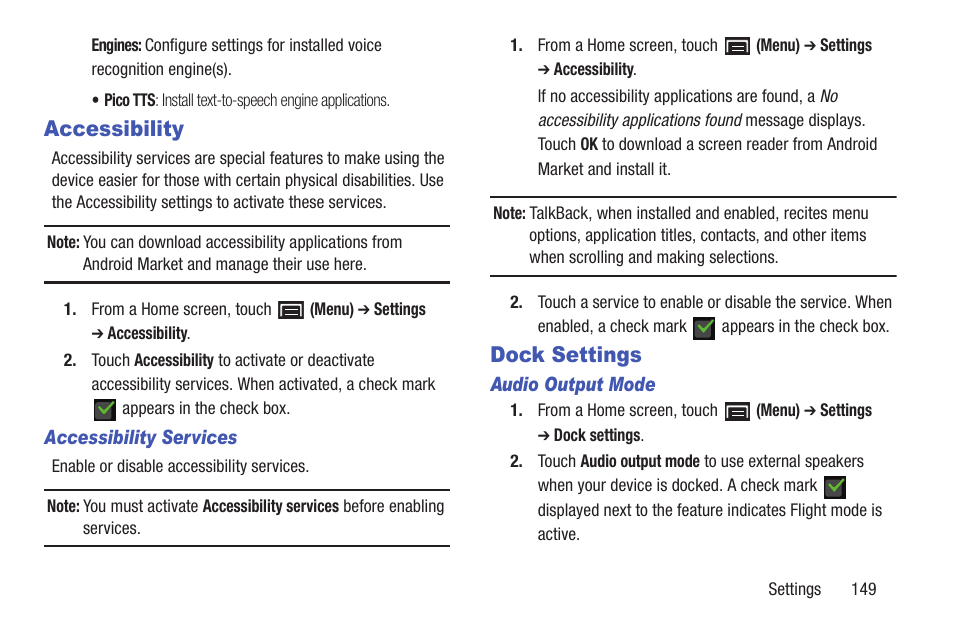 Accessibility, Dock settings, Accessibility dock settings | Samsung YP-GS1CB-XAA User Manual | Page 153 / 211