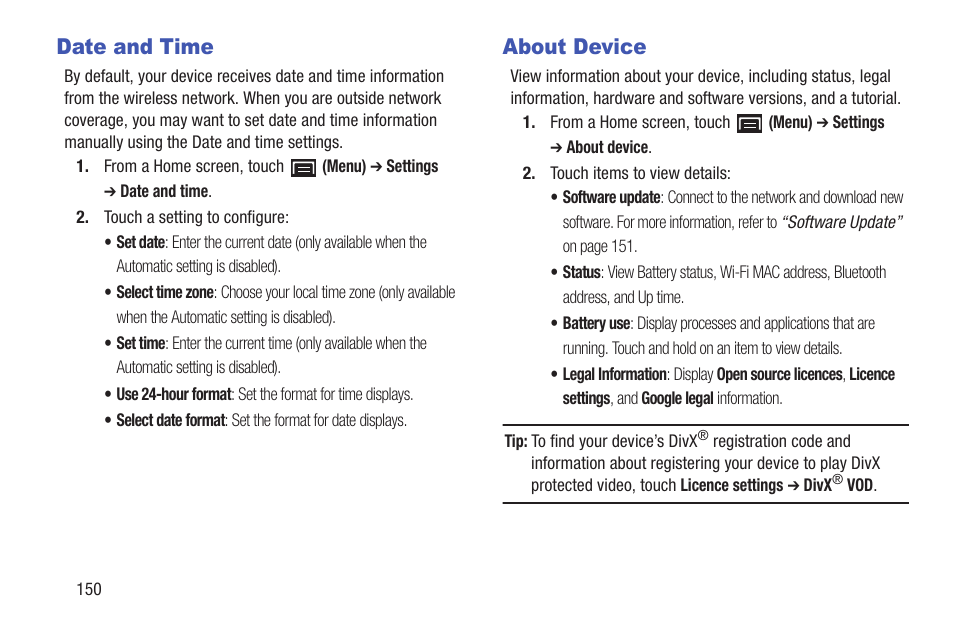 Date and time, About device, Date and time about device | For more information, refer to “date and time” on | Samsung YP-GS1CB-XAA User Manual | Page 154 / 211