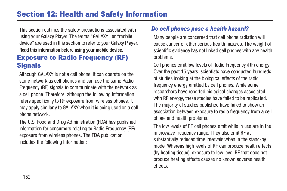 Section 12: health and safety information, Exposure to radio frequency (rf) signals, Section 12: health and safety | Information | Samsung YP-GS1CB-XAA User Manual | Page 156 / 211