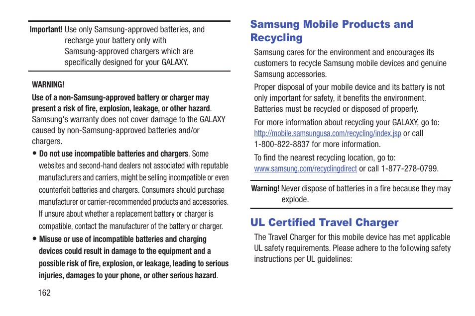 Samsung mobile products and recycling, Ul certified travel charger | Samsung YP-GS1CB-XAA User Manual | Page 166 / 211