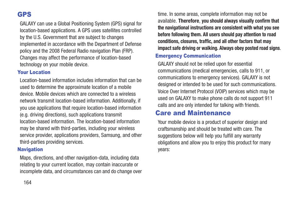 Care and maintenance, Gps care and maintenance | Samsung YP-GS1CB-XAA User Manual | Page 168 / 211