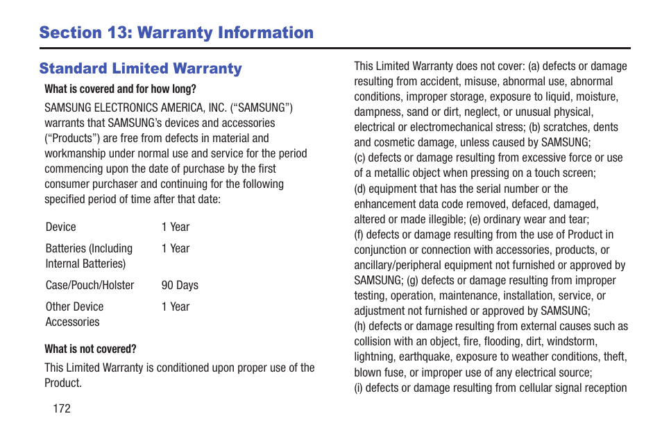Section 13: warranty information, Standard limited warranty | Samsung YP-GS1CB-XAA User Manual | Page 176 / 211