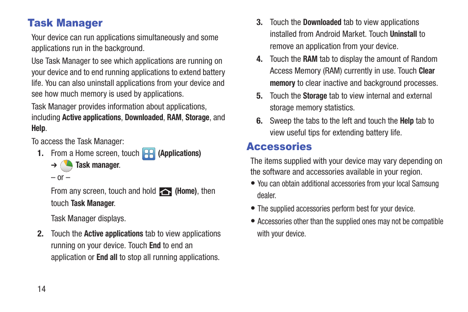 Task manager, Accessories, Task manager accessories | Samsung YP-GS1CB-XAA User Manual | Page 18 / 211