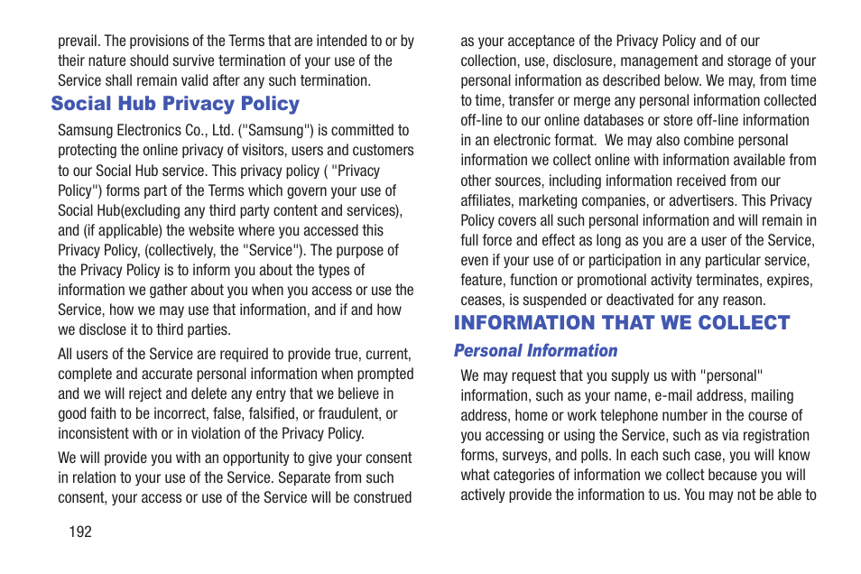 Social hub privacy policy, Information that we collect | Samsung YP-GS1CB-XAA User Manual | Page 196 / 211
