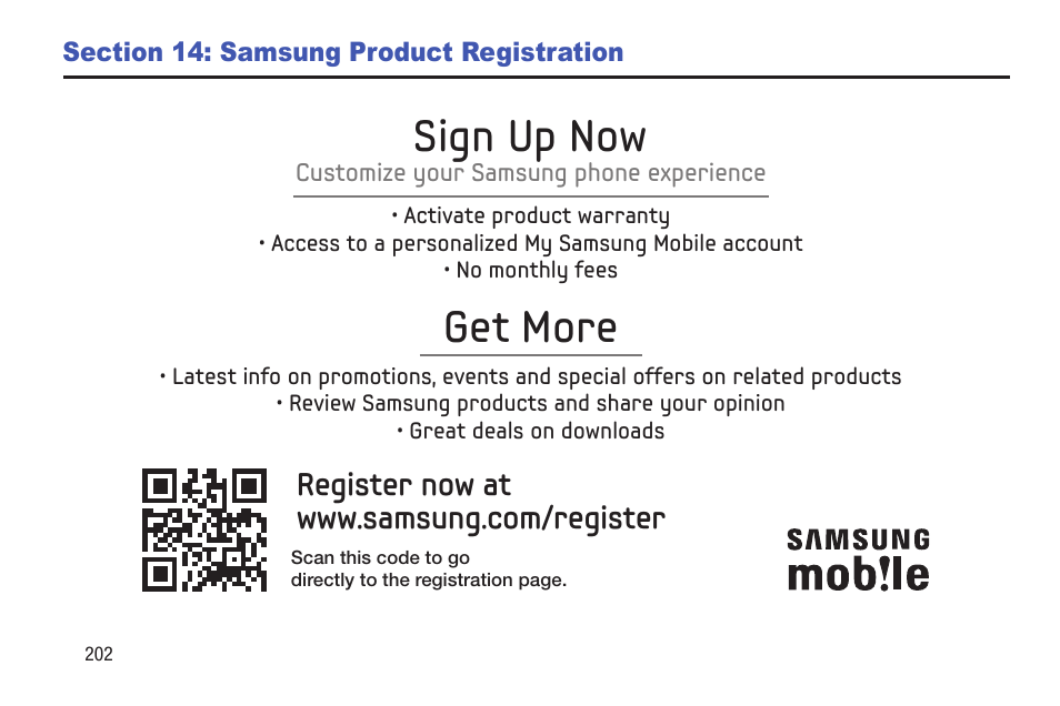 Section 14: samsung product registration, Section 14: samsung product, Registration | Get more, Sign up now | Samsung YP-GS1CB-XAA User Manual | Page 206 / 211