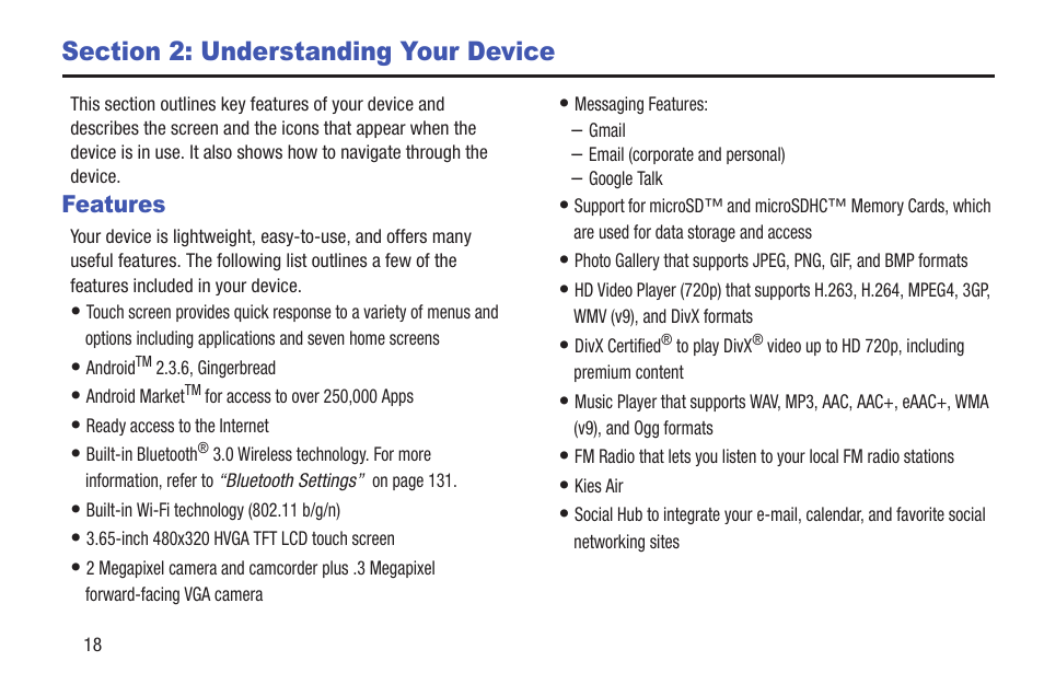 Section 2: understanding your device, Features | Samsung YP-GS1CB-XAA User Manual | Page 22 / 211