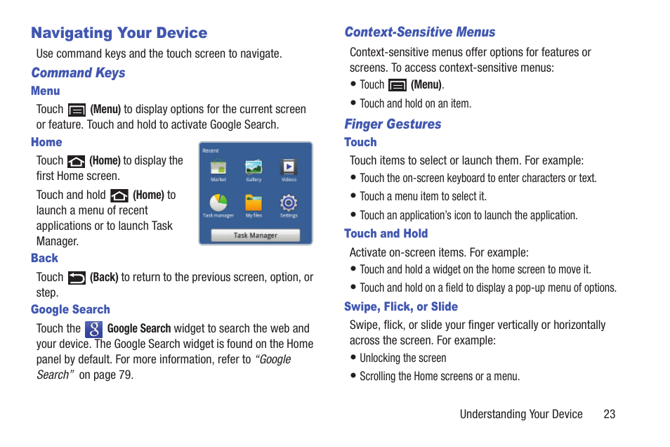 Navigating your device | Samsung YP-GS1CB-XAA User Manual | Page 27 / 211