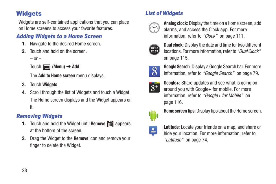 Widgets, For more information, refer to “widgets” on | Samsung YP-GS1CB-XAA User Manual | Page 32 / 211