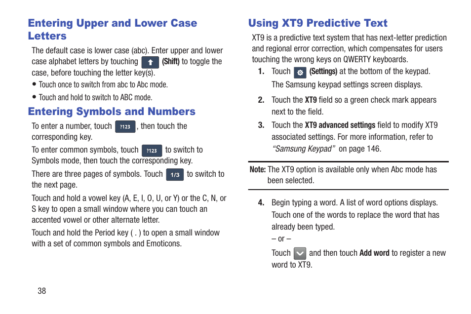 Entering upper and lower case letters, Entering symbols and numbers, Using xt9 predictive text | Samsung YP-GS1CB-XAA User Manual | Page 42 / 211