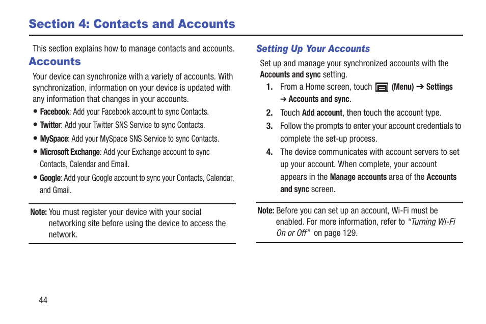 Section 4: contacts and accounts, Accounts | Samsung YP-GS1CB-XAA User Manual | Page 48 / 211