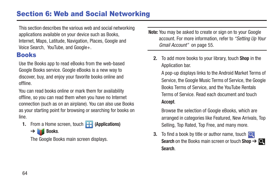 Section 6: web and social networking, Books | Samsung YP-GS1CB-XAA User Manual | Page 68 / 211