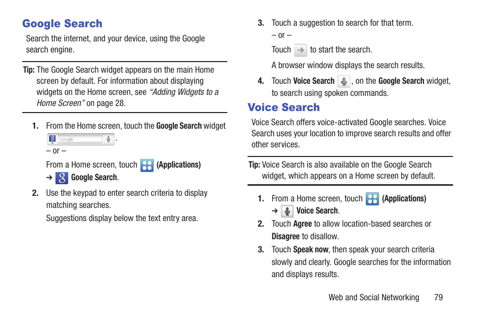 Google search, Voice search, Google search voice search | Samsung YP-GS1CB-XAA User Manual | Page 83 / 211