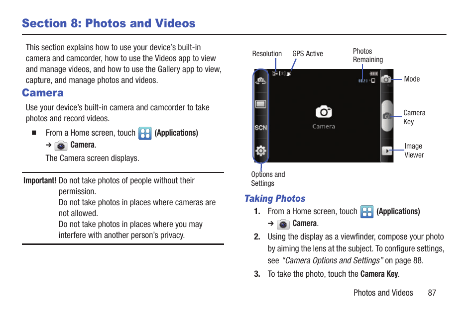 Section 8: photos and videos, Camera | Samsung YP-GS1CB-XAA User Manual | Page 91 / 211
