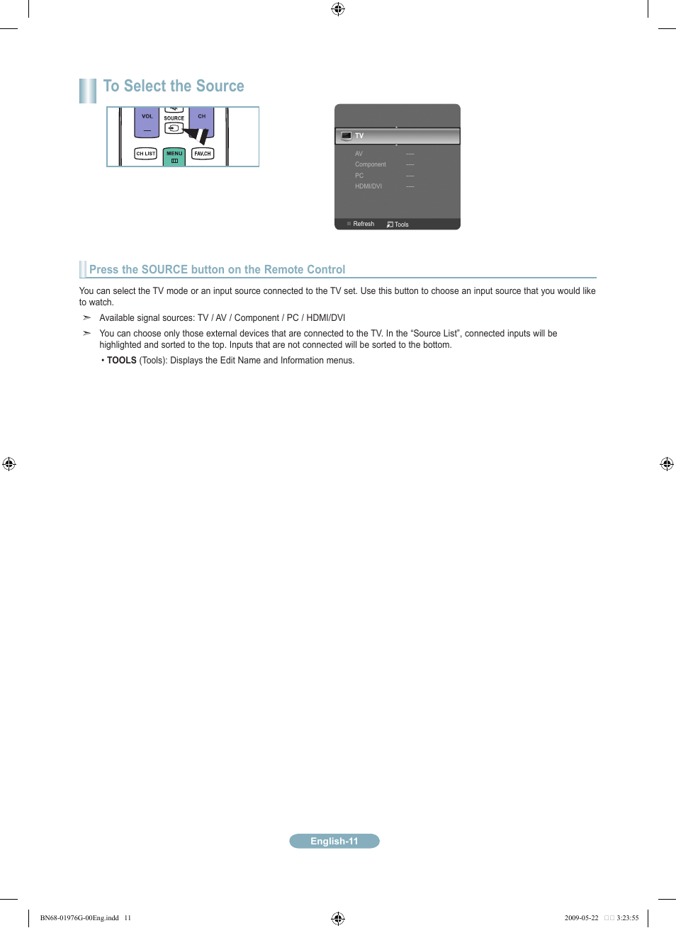 Press the source button on the remote control | Samsung LN22B350F2DXZA User Manual | Page 11 / 14