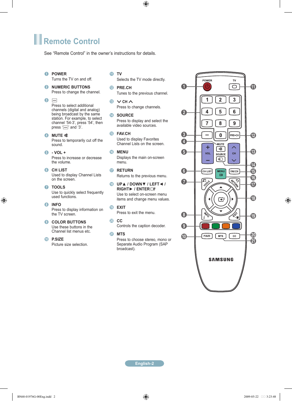 Remote control | Samsung LN22B350F2DXZA User Manual | Page 2 / 14