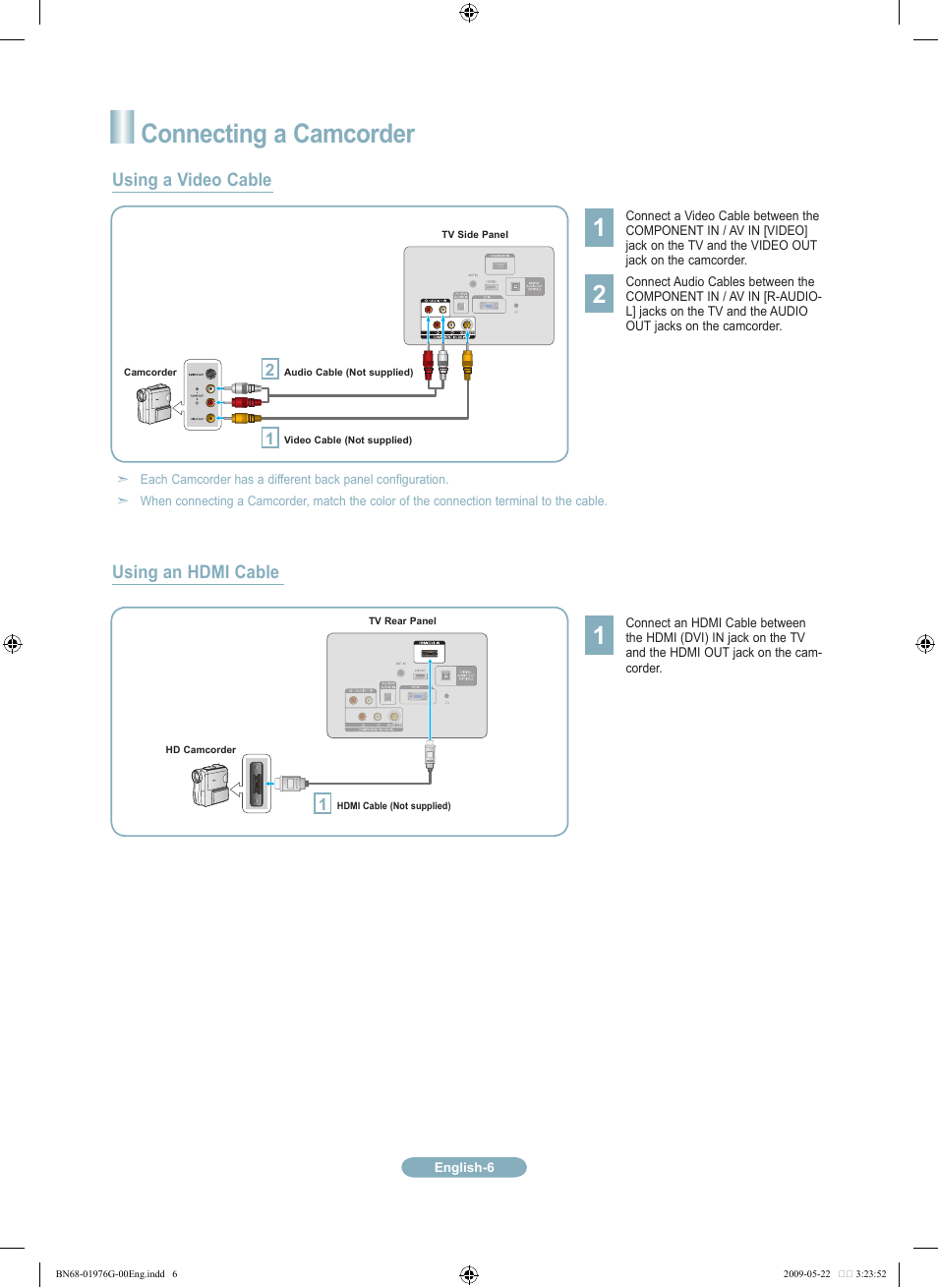 Connecting a camcorder, Using a video cable, Using an hdmi cable | Samsung LN22B350F2DXZA User Manual | Page 6 / 14