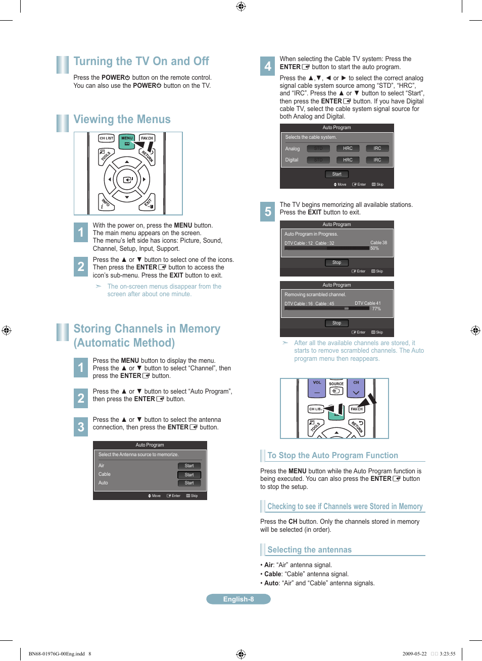 Turning the tv on and off, Viewing the menus | Samsung LN22B350F2DXZA User Manual | Page 8 / 14