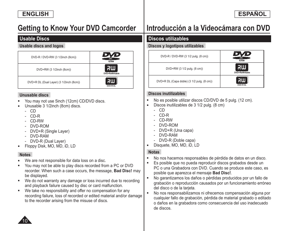 Getting to know your dvd camcorder, Introducción a la videocámara con dvd, English | Español | Samsung SC-DC164-XAA User Manual | Page 10 / 128