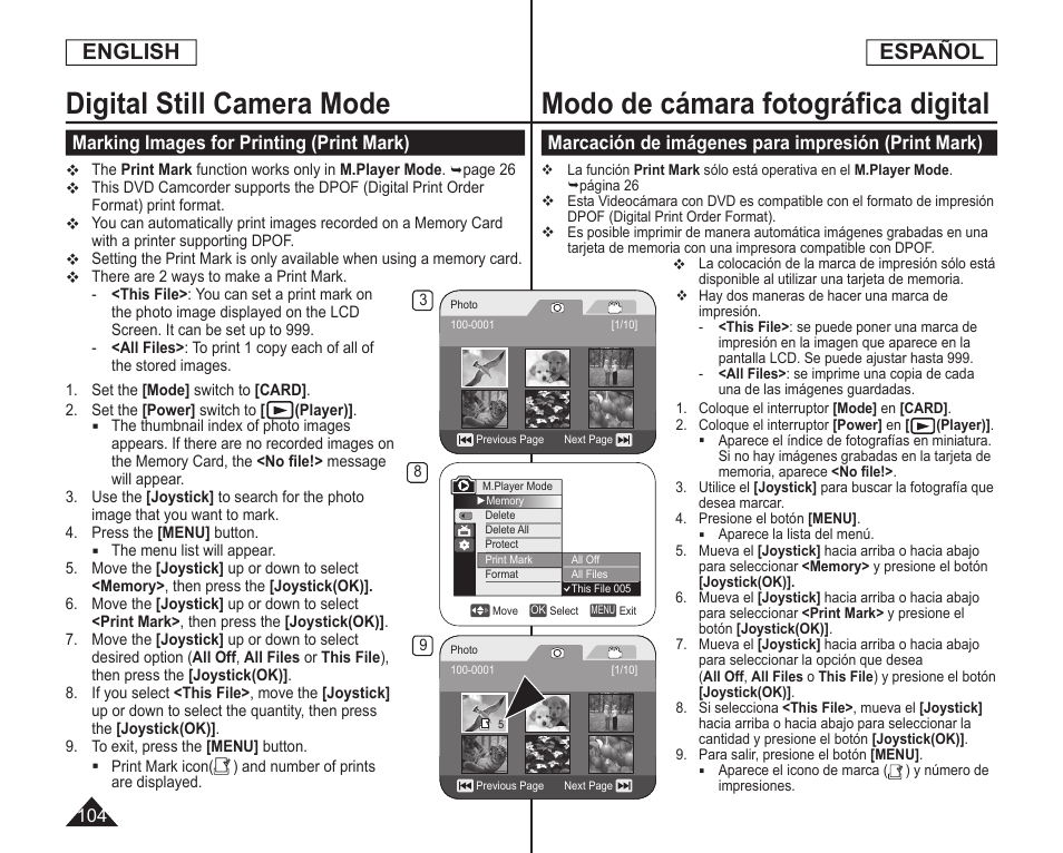 Digital still camera mode, Modo de cámara fotográﬁca digital, English | Español, Marking images for printing (print mark), Marcación de imágenes para impresión (print mark) | Samsung SC-DC164-XAA User Manual | Page 104 / 128