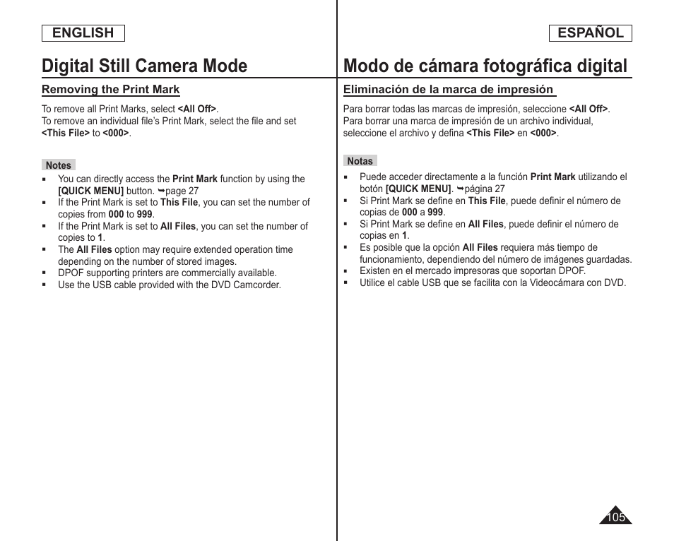 Digital still camera mode, Modo de cámara fotográﬁca digital, English | Español | Samsung SC-DC164-XAA User Manual | Page 105 / 128