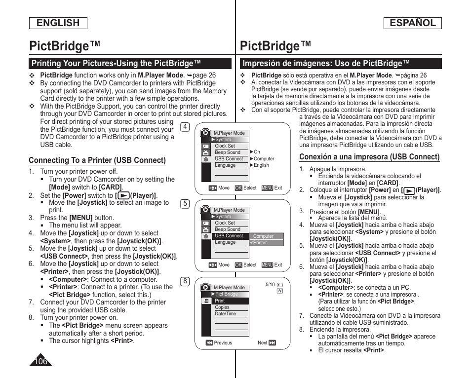 Pictbridge, English, Español | Printing your pictures-using the pictbridge, Impresión de imágenes: uso de pictbridge | Samsung SC-DC164-XAA User Manual | Page 106 / 128