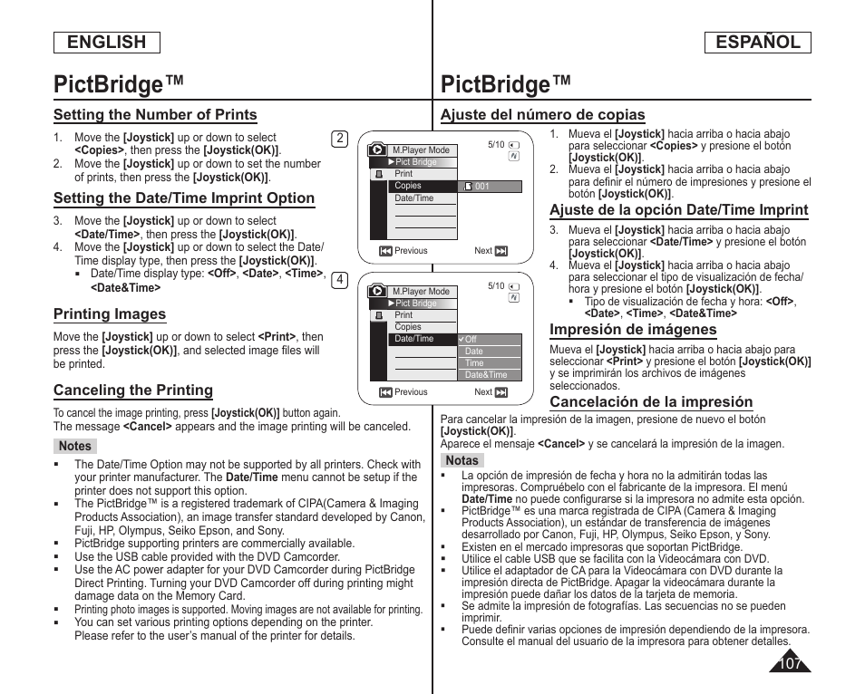 Pictbridge, English, Español | Samsung SC-DC164-XAA User Manual | Page 107 / 128