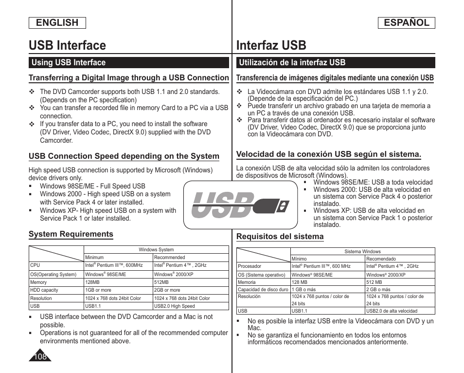 Usb interface, Interfaz usb, English | Español, Using usb interface, Utilización de la interfaz usb, Usb connection speed depending on the system, System requirements, Velocidad de la conexión usb según el sistema, Requisitos del sistema | Samsung SC-DC164-XAA User Manual | Page 108 / 128