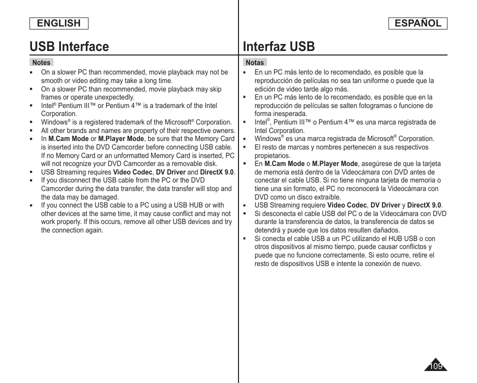 Usb interface, Interfaz usb, English | Español | Samsung SC-DC164-XAA User Manual | Page 109 / 128