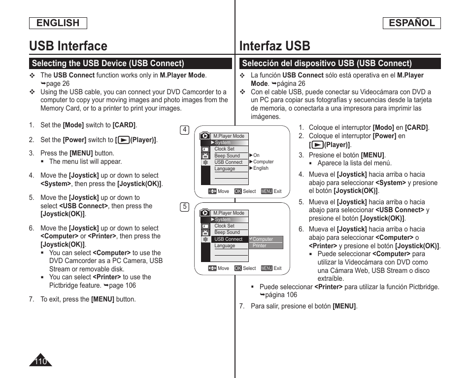 Usb interface, Interfaz usb, English | Español, Selecting the usb device (usb connect), Selección del dispositivo usb (usb connect) | Samsung SC-DC164-XAA User Manual | Page 110 / 128