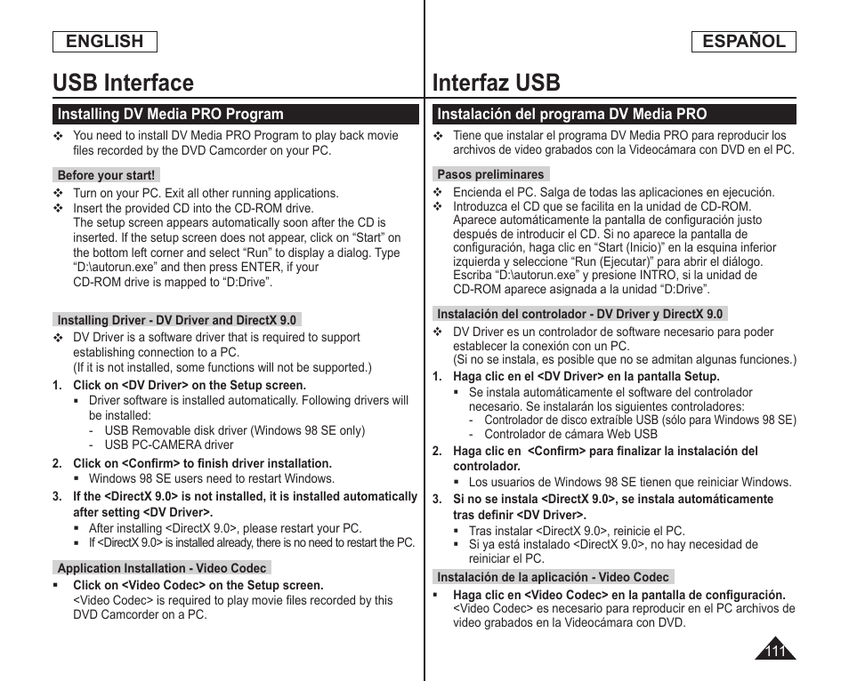 Usb interface, Interfaz usb, English | Español | Samsung SC-DC164-XAA User Manual | Page 111 / 128