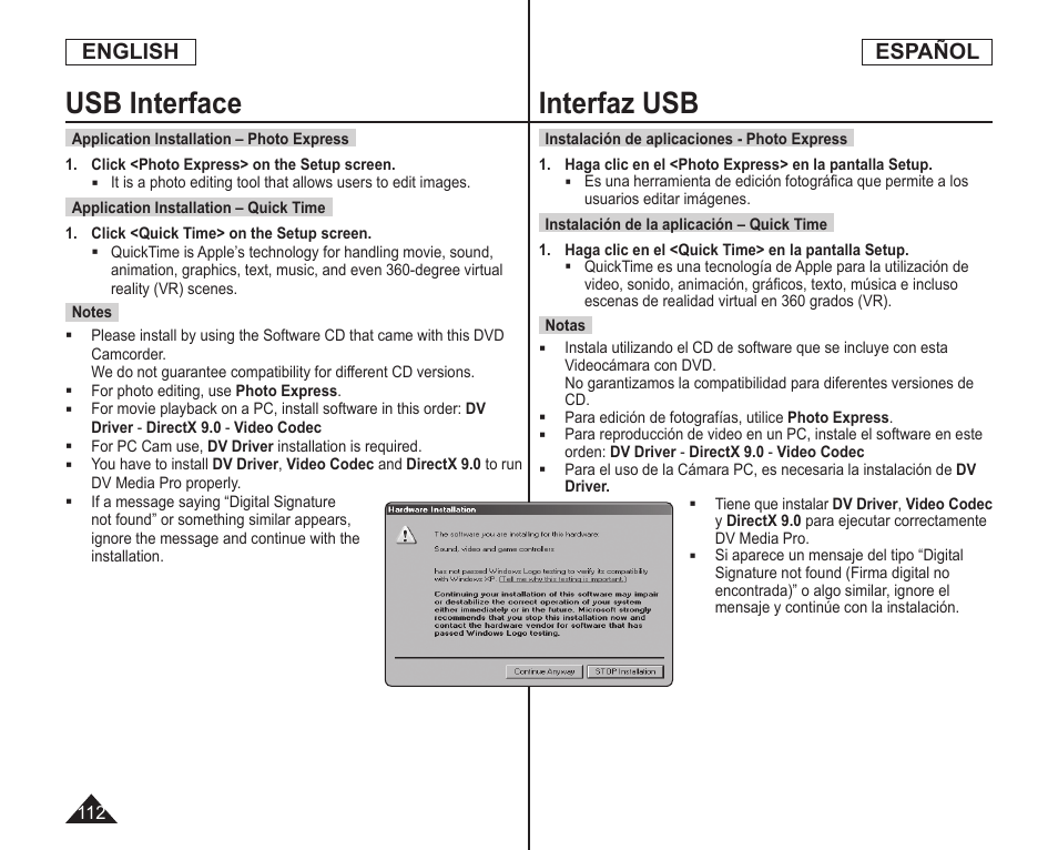 Usb interface, Interfaz usb, English | Español | Samsung SC-DC164-XAA User Manual | Page 112 / 128