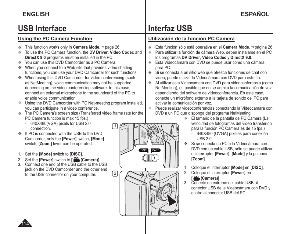 Usb interface, Interfaz usb, English | Español | Samsung SC-DC164-XAA User Manual | Page 114 / 128