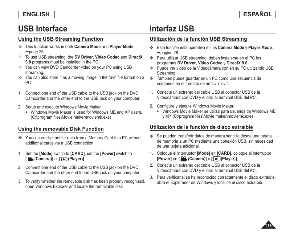 Usb interface, Interfaz usb, English | Español | Samsung SC-DC164-XAA User Manual | Page 115 / 128