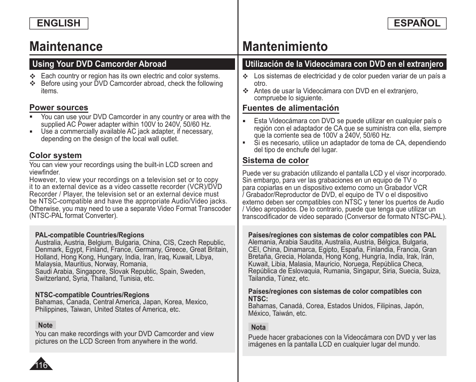 Maintenance, Mantenimiento, English | Español | Samsung SC-DC164-XAA User Manual | Page 116 / 128