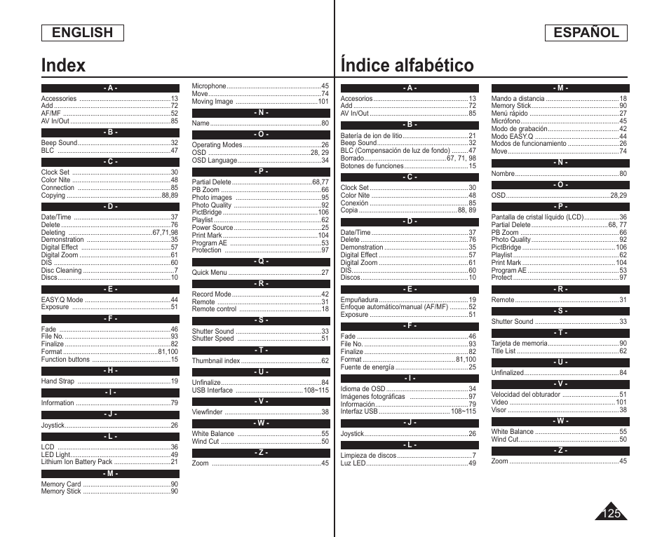 Index, Índice alfabético, English | Español | Samsung SC-DC164-XAA User Manual | Page 125 / 128