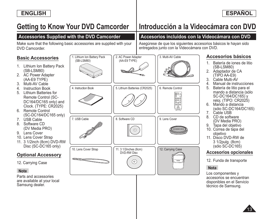 Getting to know your dvd camcorder, Introducción a la videocámara con dvd, English | Español | Samsung SC-DC164-XAA User Manual | Page 13 / 128