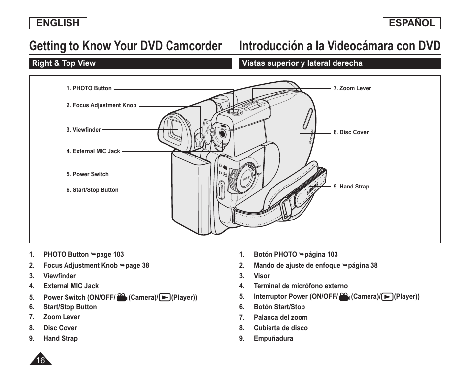 Getting to know your dvd camcorder, Introducción a la videocámara con dvd, English | Español | Samsung SC-DC164-XAA User Manual | Page 16 / 128