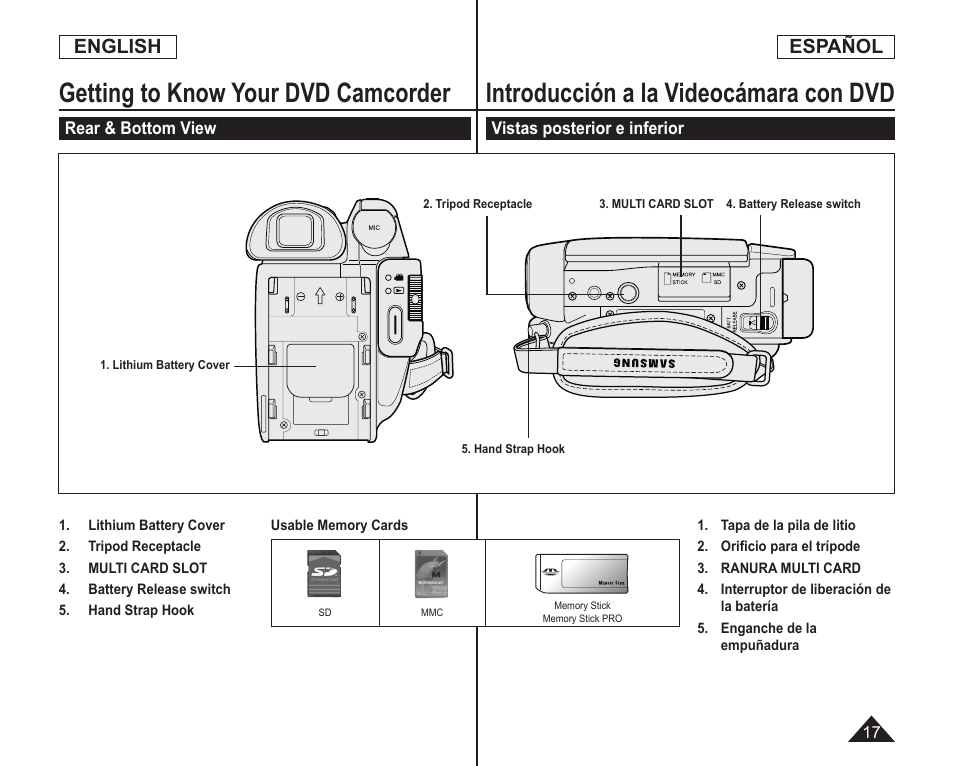 Getting to know your dvd camcorder, Introducción a la videocámara con dvd, English | Español | Samsung SC-DC164-XAA User Manual | Page 17 / 128