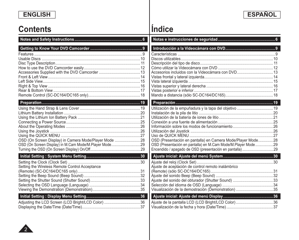 Contents índice, English, Español | Samsung SC-DC164-XAA User Manual | Page 2 / 128