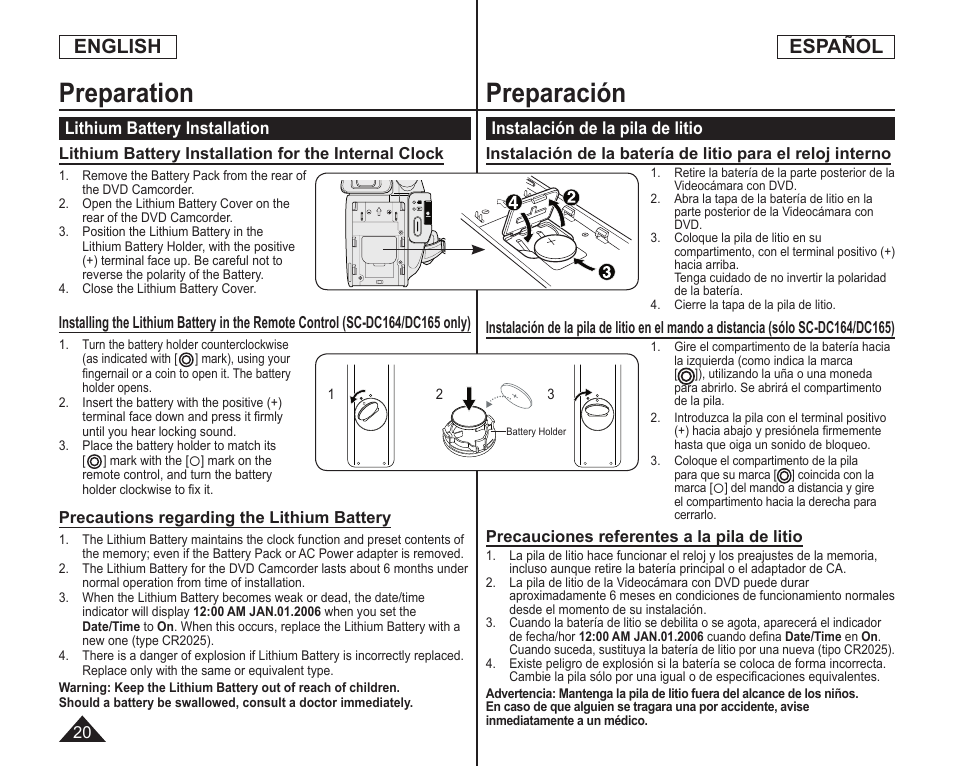 Preparation, Preparación, English | Español | Samsung SC-DC164-XAA User Manual | Page 20 / 128