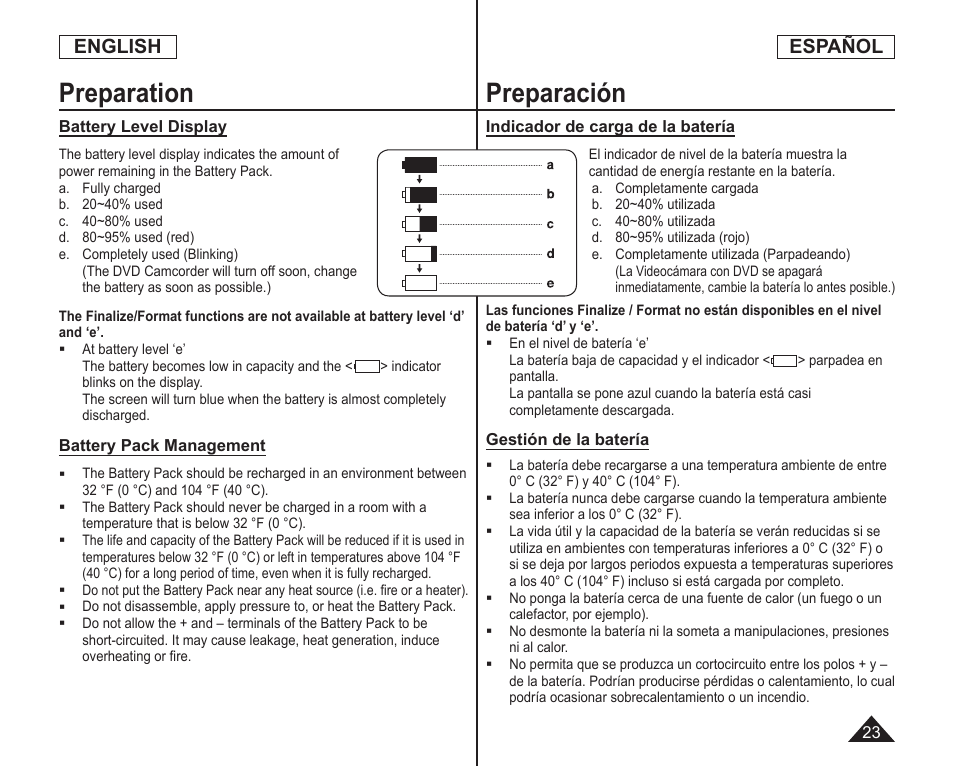 Preparation, Preparación, English | Español | Samsung SC-DC164-XAA User Manual | Page 23 / 128