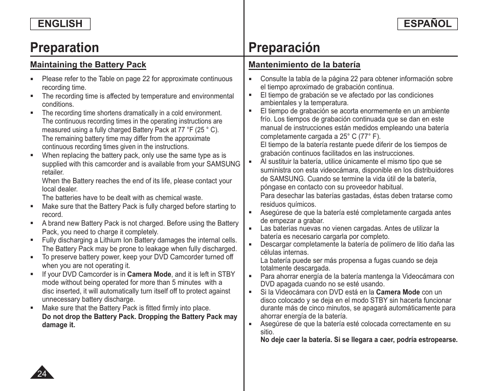 Preparation, Preparación, English | Español | Samsung SC-DC164-XAA User Manual | Page 24 / 128