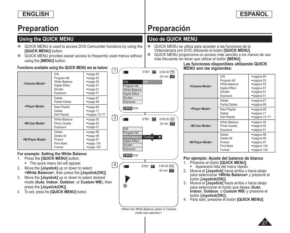 Preparation, Preparación, English | Español, Using the quick menu, Uso de quick menu | Samsung SC-DC164-XAA User Manual | Page 27 / 128