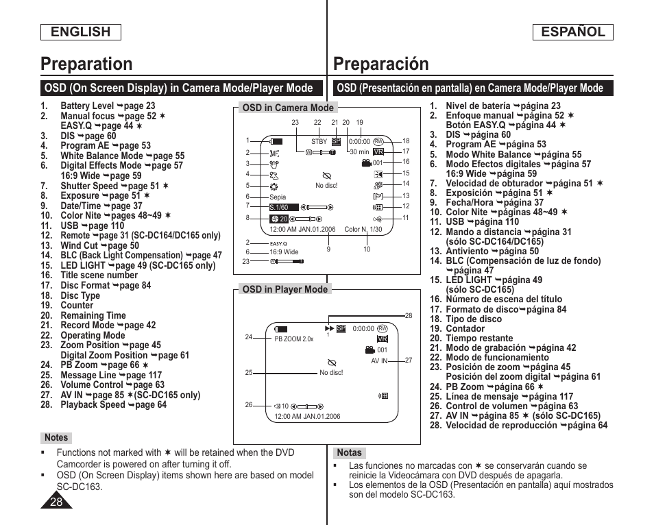 Preparation, Preparación, English | Español, Osd (on screen display) in camera mode/player mode | Samsung SC-DC164-XAA User Manual | Page 28 / 128