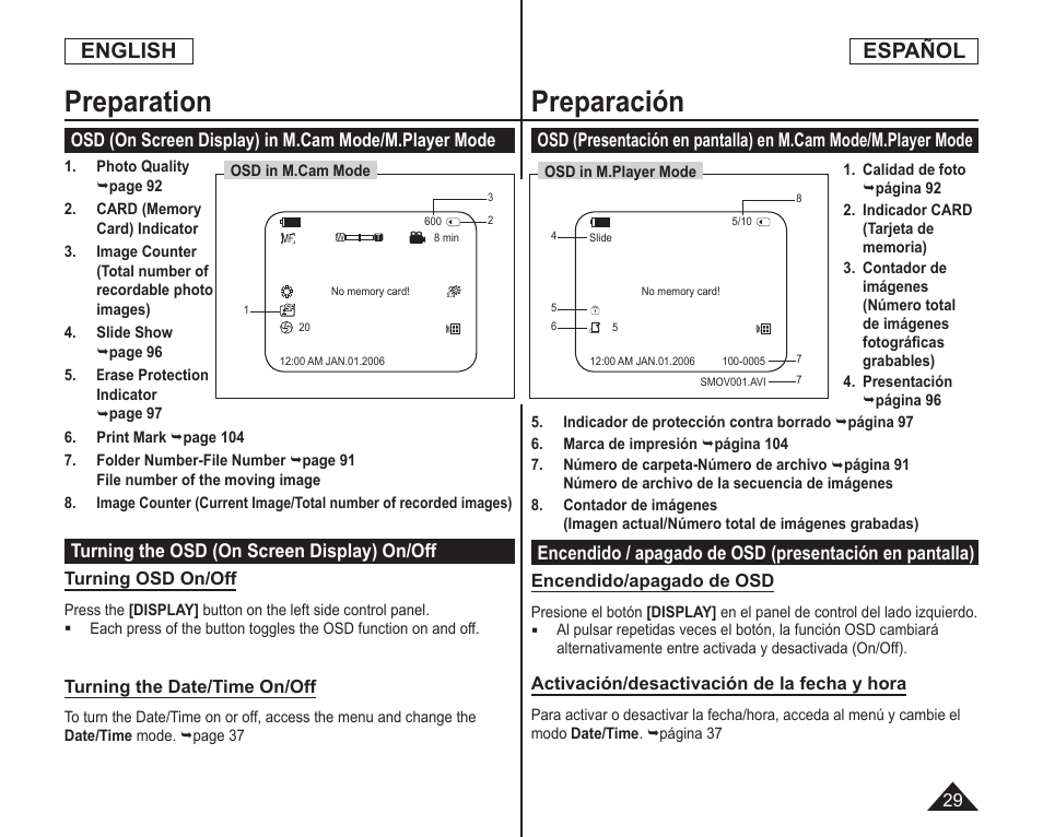 Preparation, Preparación, English | Español | Samsung SC-DC164-XAA User Manual | Page 29 / 128