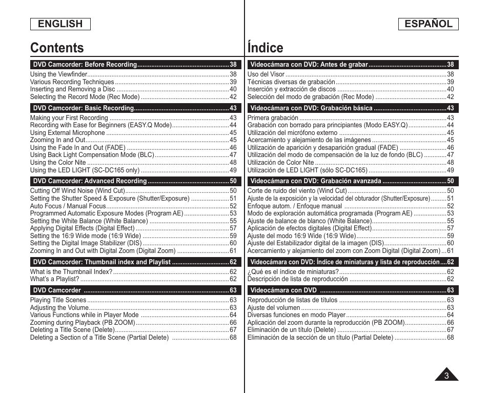 Contents índice, English, Español | Samsung SC-DC164-XAA User Manual | Page 3 / 128