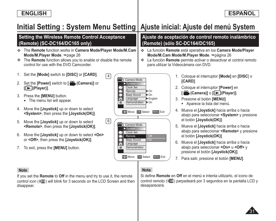 Initial setting : system menu setting, Ajuste inicial: ajuste del menú system, English | Español | Samsung SC-DC164-XAA User Manual | Page 31 / 128